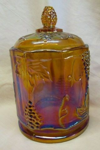Vintage Amber Indiana Carnival Glass Paneled Grape Harvest Tobacco Biscuit Jar