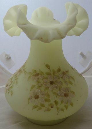 Vintage Fenton Hand Painted Custard Satin Glass Ruffled Vase Signed S Fisher