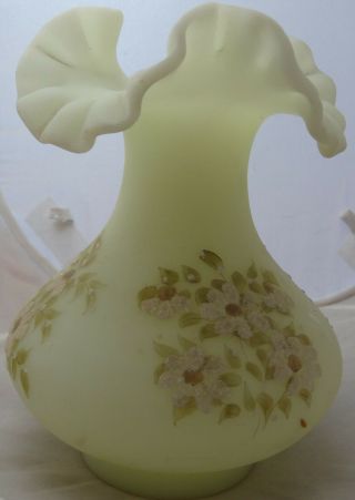 Vintage Fenton Hand Painted Custard Satin Glass Ruffled Vase Signed S Fisher 2