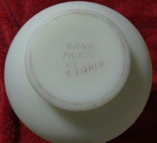 Vintage Fenton Hand Painted Custard Satin Glass Ruffled Vase Signed S Fisher 4