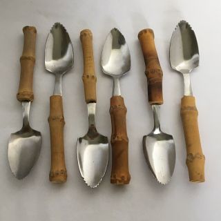 Set Of Six Vintage Bamboo Handle Grapefruit Spoons