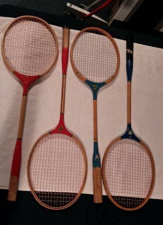 Badminton Wood Racquets Vintage 26 " 2 Red/2 Blue Strings All Intact