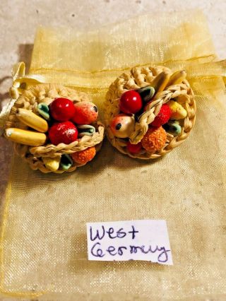 Vintage Signed Western Germany Fruits In Straw Basket Clip On Earrings