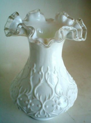Vintage Fenton Spanish Lace Silver Crest Milk Glass Vase With Clear Edge
