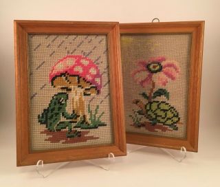 Vintage Turtle And Frog Needlepoint
