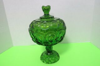 Vintage L E Smith L G Wright Glass Moon Star Green 11 " Covered Compote Bowl