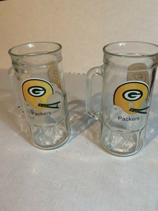 Euc Vtg Pair 2 Green Bay Packers Glass Beer Mugs Handles 16 Oz.  Nfl Football