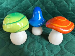 3 Vintage Ceramic Mushrooms - Brightly Painted Blue,  Green,  Orange - 5 1/2 " Tall