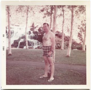 Orig 1960s Vintage Photo Shirtless Man Plaid Boxers Swimsuit Rubber Flip - Flops