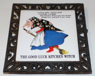 Vintage The Good Luck Kitchen Witch Iron And Ceramic Tile Trivet