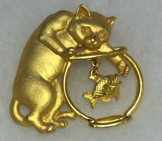 Vintage Signed Jj Cat Gold Fish Bowl Pin Brooch Kitty Dangle A4