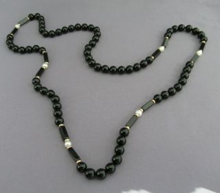 Vintage 14k Yellow Gold Ball & Rectangle Onyx Pearl Bead Long Necklace 32 "