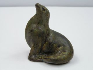 Signed Vintage Mottled Green California Sea Lion Clay Sculpture 3.  25 " T Vgc