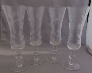 (4) Vintage Elegant Crystal Cut/etch Rose Floral Ball Stem Champagne Flutes