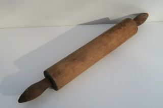 Wonderful vintage wooden rolling pin.  13 - inch roller with black handles. 2
