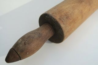 Wonderful vintage wooden rolling pin.  13 - inch roller with black handles. 4