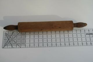 Wonderful vintage wooden rolling pin.  13 - inch roller with black handles. 5