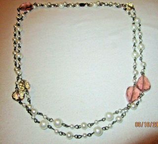 Vtg Long Faceted Pink Art Glass & Lucite Luxury Faux Pearl Estate Necklace 44 "