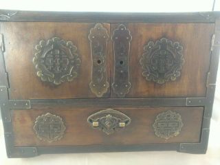 Vintage Wood Oriental Asian Jewelry Box Brass Accents 1 Drawer