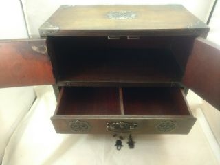 Vintage Wood Oriental Asian Jewelry Box Brass Accents 1 Drawer 2