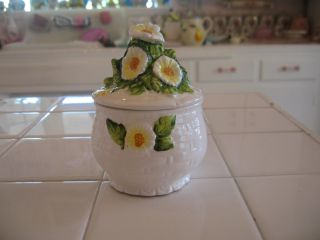 Vintage Lefton Yellow Rustic Daisy Basket Weave Ceramic Jelly Jam Jar