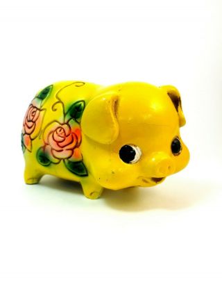 Vtg 1960s Psychedelic Pig Piggy Bank Chalkware Yellow Rose Paper Mache Japan