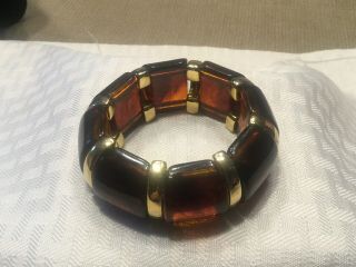 Vintage Amber Color Lucite W/ Goldtone Separators Stretch Bracelet