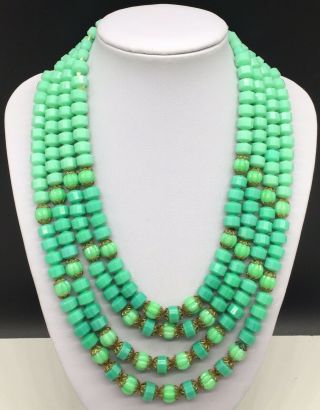 Vintage West Germany Green Multi Strand Plastic Beaded Statement Necklace