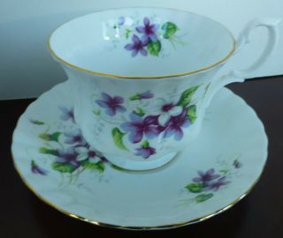 Vintage Royal Albert Footed Cup & Saucer Set - Small Purple Floral - Gold Rim & Edge