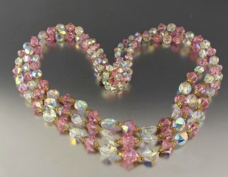 Vintage 50’s Multi 3 Strand Pink Crystal Glass Bead Necklace
