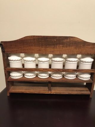 Vintage Wood Spice Rack With Milk Glass Jars