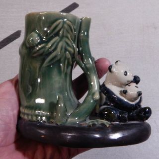 Vintage Panda & Baby Bear Bamboo Tree Vase Planter Pottery Green 4 1/2 "