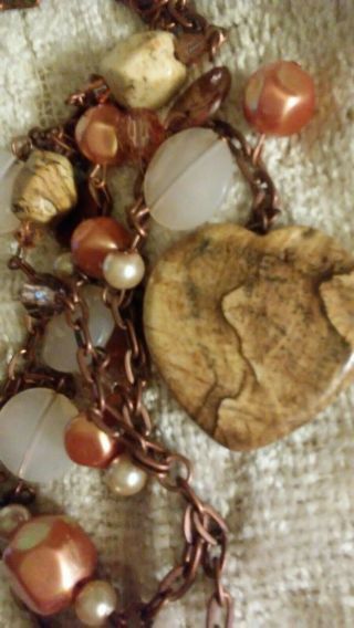 Vintage 26 " Fall Design Copper Chain W Heart Shape Picture Jasper Stone,