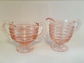 Vintage Pink Depression Glass Footed Cream And Sugar