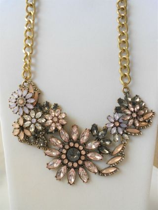 Vintage Pink Prong Set Navette Beads Rhinestones Flowers Cluster Necklace 12