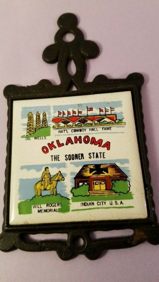Vintage Oklahoma State Porcelain & Cast Iron Trivet Souvenir