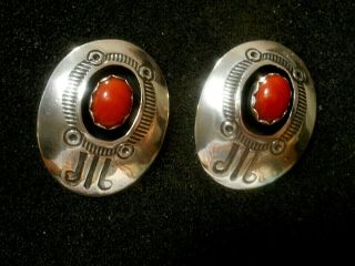 Vintage Native American Ind Navajo Sterling Silver Red Coral Handmade Earrings