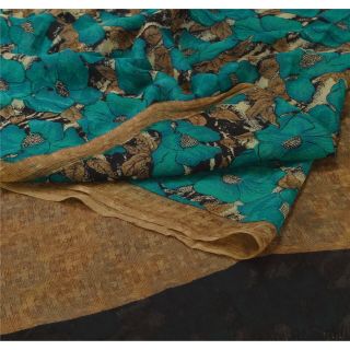 Sanskriti Vintage Green Saree Pure Chiffon Silk Printed Sari Craft Decor Fabric