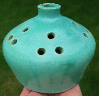 5 " Vintage Glazed Green Flower Frog Vase W/ 16 Holes - Bulbous Bybee Pottery Ky