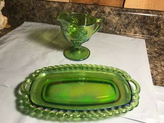 Vintage Green Carnival Glass Butter Plate And Creamer