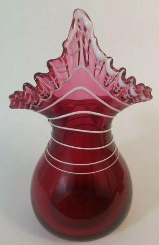 Vintage Glass Jack In The Pulpit Cranberry Vase Swirl Crimping 7 " T Fenton Murano
