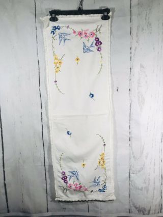Vintage Lace Trim & Needlepoint Table Runner Size 12” X 35 " Birds