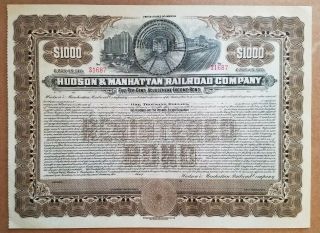 Vintage Hudson & Manhattan Railroad Co 5 Adjustment Income Registered Bond Cert