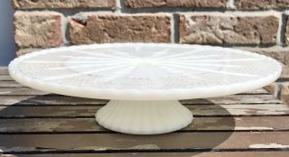 Vintage 10” Anchor Hocking Milk Glass Low Pedestal Gold Design Cake Plate/stand