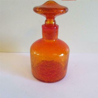 Vintage Orange Crackle Glass Jar With Glass Mushroom Stopper.  Hand - Blown