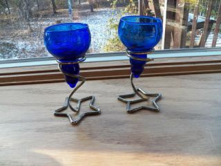 2 Vintage Cobalt Blue Glass Candlestick Candle Holders 5 " Tall