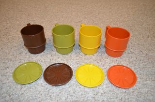 8 Pc Vintage Tupperware Stackable Mugs Cups With Coaster Lids Harvest Colors