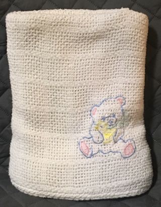 Vintage White 100 Cotton Open Weave Blanket Teddy Bear Waffle Thermal Baby