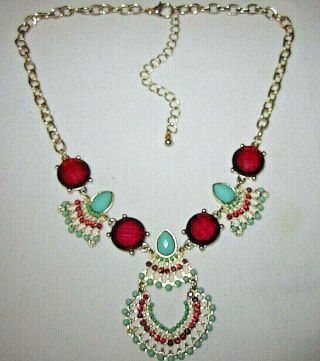 Vtg Art Deco Style Faux Turquoise Clear Rhinestone Exotic Estate Necklace 19 "