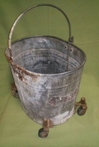 White Mop Bucket Vintage/rough With Wheels.  No Wringer.  Galvanized Steel.